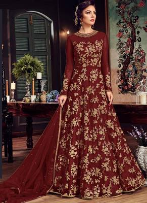 Maroon Embroidered Net Semi Stitched Salwar With Dupatta 1