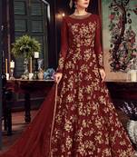 Maroon Embroidered Net Semi Stitched Salwar With Dupatta