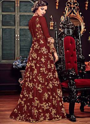 Maroon Embroidered Net Semi Stitched Salwar With Dupatta 2
