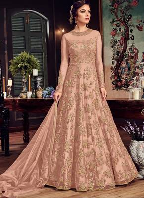 Peach Embroidered Net Semi Stitched Salwar With Dupatta 1