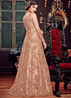Peach Embroidered Net Semi Stitched Salwar With Dupatta 2