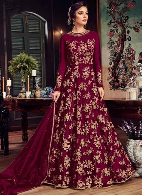 Burgundy Embroidered Net Semi Stitched Anarkali With Dupatta 1