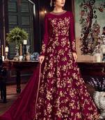 Burgundy Embroidered Net Semi Stitched Anarkali With Dupatta