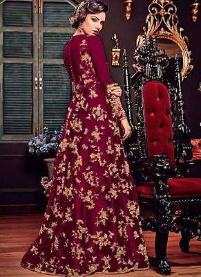 Burgundy Embroidered Net Semi Stitched Anarkali With Dupatta 2