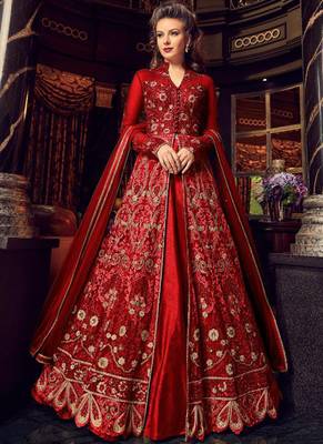 red embroidered net semi stitched salwar with dupatta 1