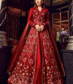 red embroidered net semi stitched salwar with dupatta