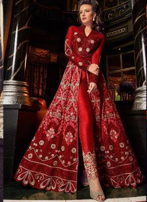 red embroidered net semi stitched salwar with dupatta 2