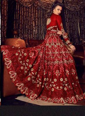 red embroidered net semi stitched salwar with dupatta 3