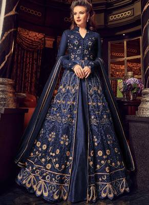 Blue Embroidered Net Semi Stitched Salwar With Dupatta 1