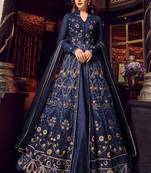 Blue Embroidered Net Semi Stitched Salwar With Dupatta