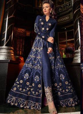 Blue Embroidered Net Semi Stitched Salwar With Dupatta 2