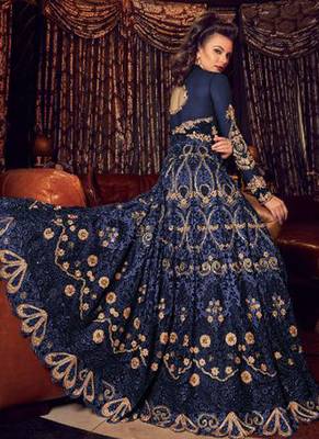 Blue Embroidered Net Semi Stitched Salwar With Dupatta 3
