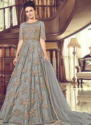 Grey Embroidered Net Semi Stitched Salwar With Dupatta 1