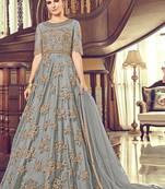 Grey Embroidered Net Semi Stitched Salwar With Dupatta