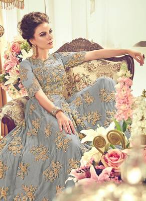 Grey Embroidered Net Semi Stitched Salwar With Dupatta 2