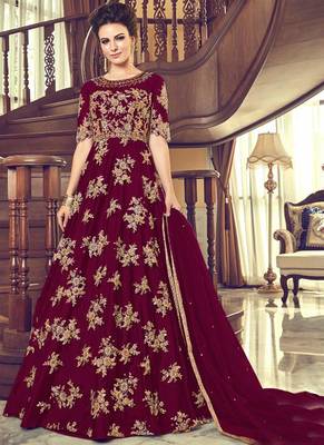Maroon Embroidered Net Semi Stitched Salwar With Dupatta 1
