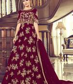 Maroon Embroidered Net Semi Stitched Salwar With Dupatta