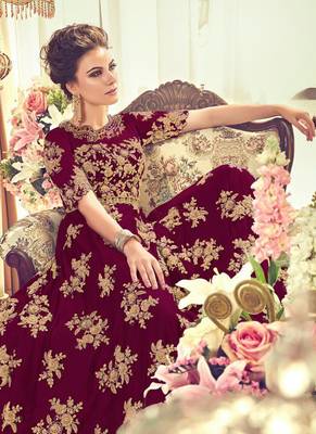 Maroon Embroidered Net Semi Stitched Salwar With Dupatta 2