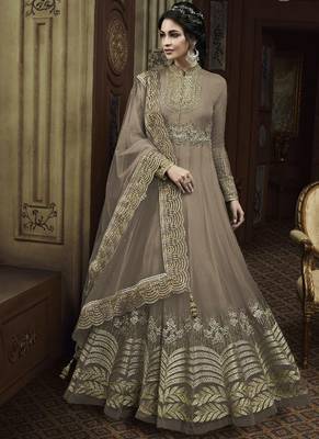 Beige Embroidered Net Semi Stitched Salwar With Dupatta 1