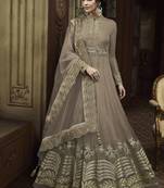 Beige Embroidered Net Semi Stitched Salwar With Dupatta