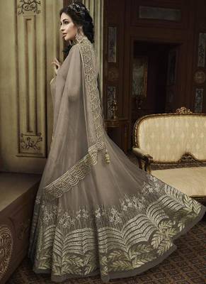 Beige Embroidered Net Semi Stitched Salwar With Dupatta 2