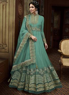 Green Embroidered Net Semi Stitched Salwar With Dupatta 1
