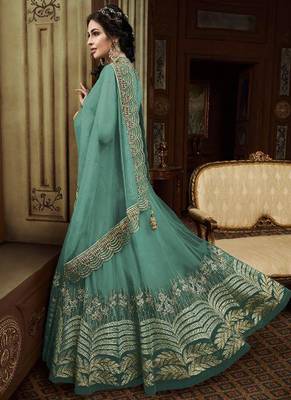 Green Embroidered Net Semi Stitched Salwar With Dupatta 2