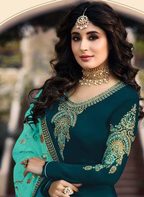 teal embroidered satin semi stitched salwar with dupatta 2