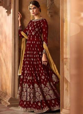 maroon embroidered georgette semi stitched salwar with dupatta 1