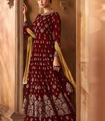 maroon embroidered georgette semi stitched salwar with dupatta