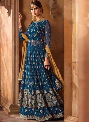 Blue Embroidered Georgette Semi Stitched Salwar With Dupatta 1