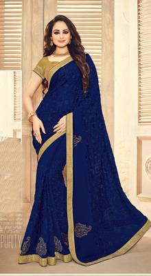 Blue embroidered georgette saree with blouse 1
