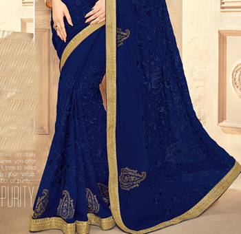 Blue embroidered georgette saree with blouse 2