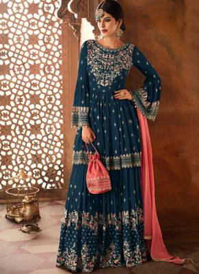 Blue Embroidered Georgette Semi Stitched Salwar With Dupatta 1