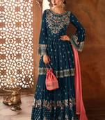 Blue Embroidered Georgette Semi Stitched Salwar With Dupatta