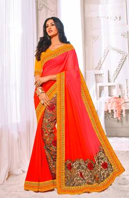 Multicolor embroidered satin saree with blouse 1