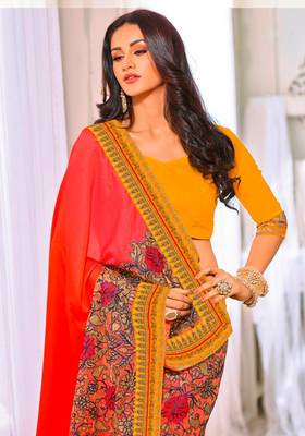 Multicolor embroidered satin saree with blouse 3