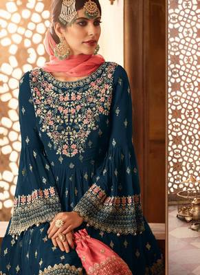 Blue Embroidered Georgette Semi Stitched Salwar With Dupatta 2