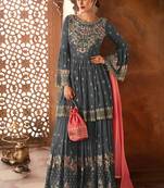 Grey Embroidered Georgette Semi Stitched Salwar With Dupatta