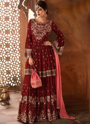 Maroon Embroidered Georgette Semi Stitched Salwar With Dupatta 1