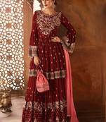 Maroon Embroidered Georgette Semi Stitched Salwar With Dupatta