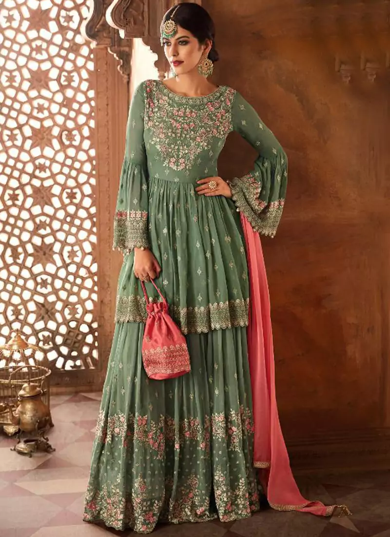 Green Embroidered Georgette Semi Stitched Salwar With Dupatta