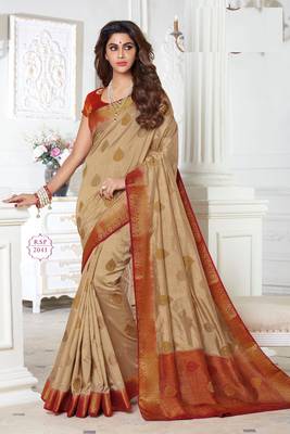 Beige embroidered dupion silk saree with blouse 1