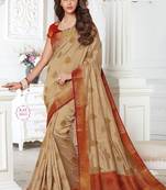Beige embroidered dupion silk saree with blouse