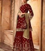 Maroon Embroidered Georgette Semi Stitched Salwar With Dupatta
