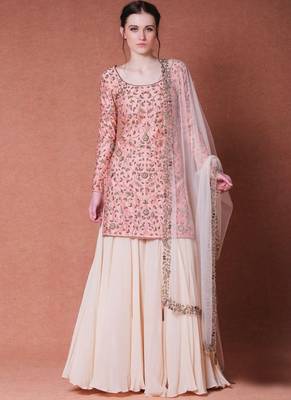 Pink Embroidered Satin Semi Stitched Kameez With Sharara 1