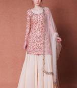 Pink Embroidered Satin Semi Stitched Kameez With Sharara