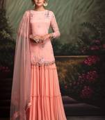 Peach Embroidered Satin Semi Stitched Salwar With Dupatta