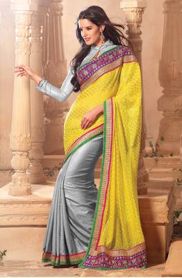 Yellow embroidered brasso saree with blouse 1