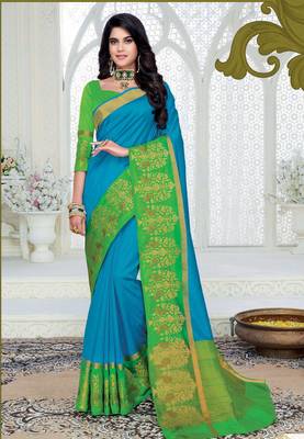 Blue woven dupion silk saree with blouse 1